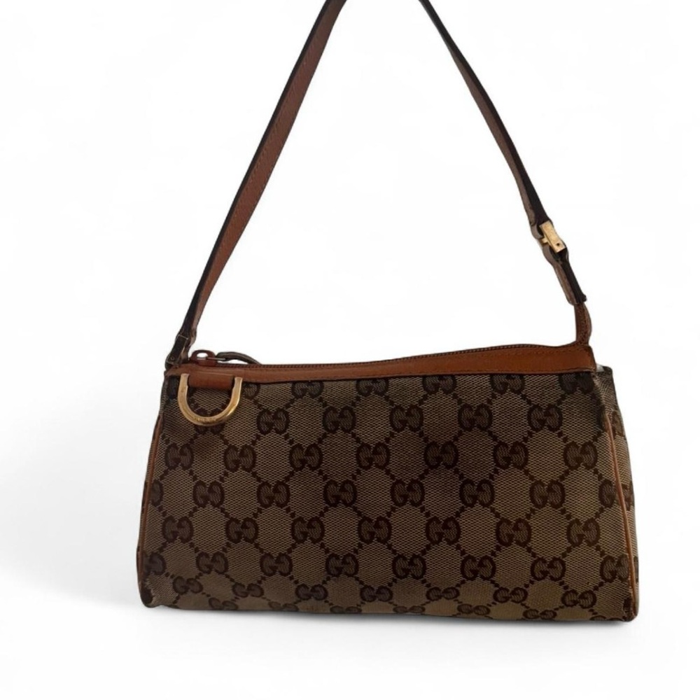 Gucci Brown Monogram Canvas Shoulder Bag with Tan Leather Trim
